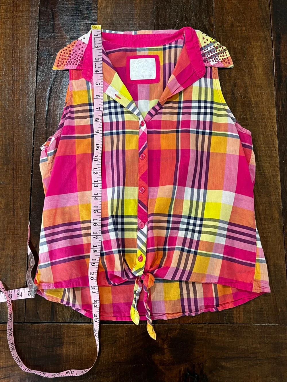 Bright Justice Plaid Tie-Front Sleeveless Blouse  100% Cotton